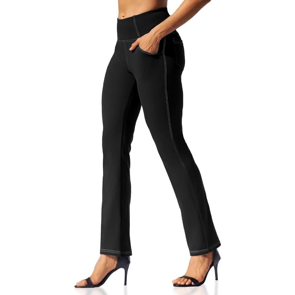 Womens Straight Leg Leggings, High Waisted Yoga Pants with Pockets Tummy Control